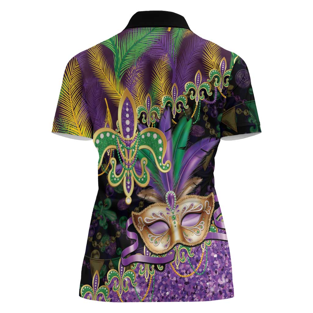 Fleur De Lis Mardi Gras Mask Women Polo Shirt 504 NOLA Carnival Feathers Glitter Effect