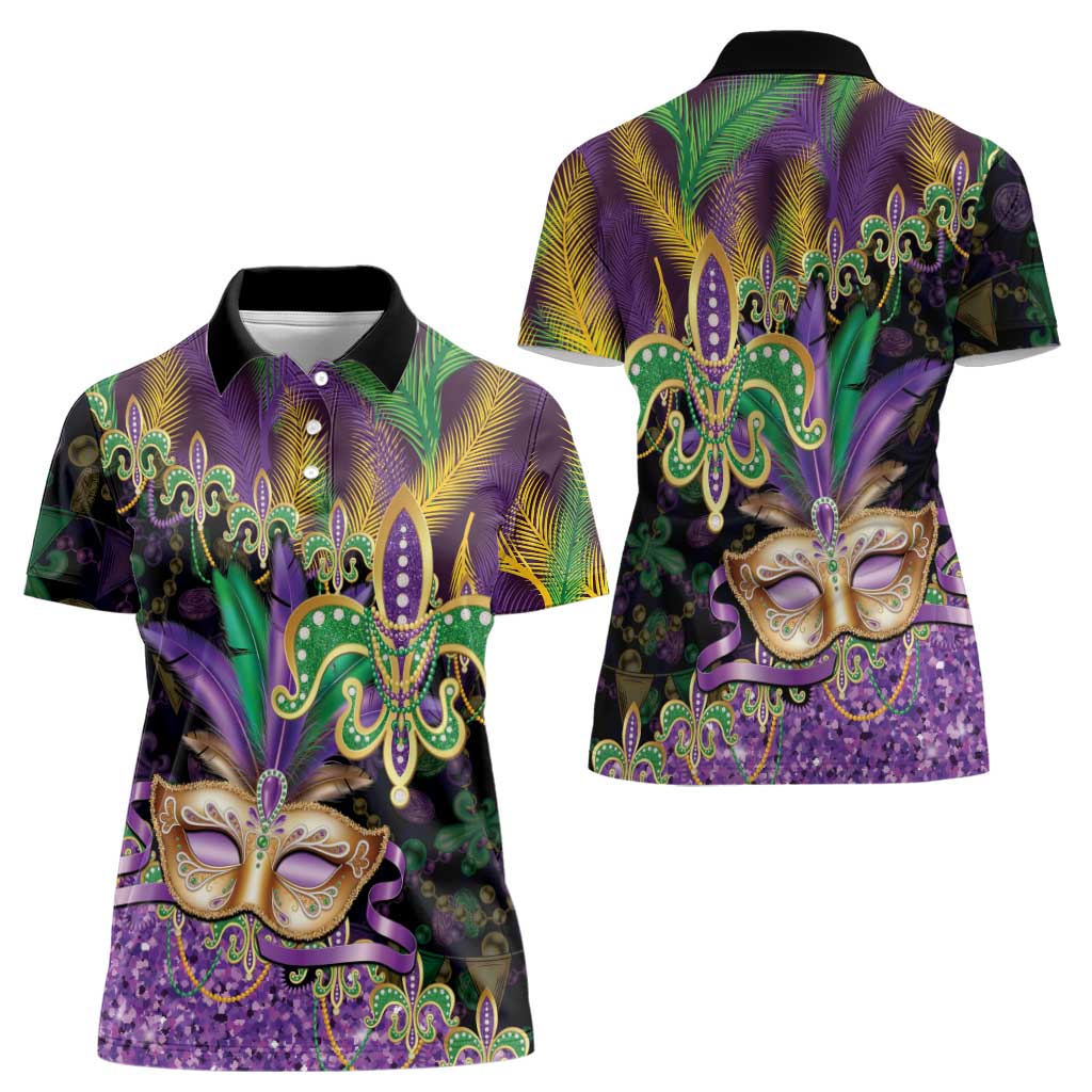 Fleur De Lis Mardi Gras Mask Women Polo Shirt 504 NOLA Carnival Feathers Glitter Effect