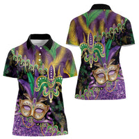 Fleur De Lis Mardi Gras Mask Women Polo Shirt 504 NOLA Carnival Feathers Glitter Effect