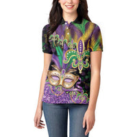 Fleur De Lis Mardi Gras Mask Women Polo Shirt 504 NOLA Carnival Feathers Glitter Effect