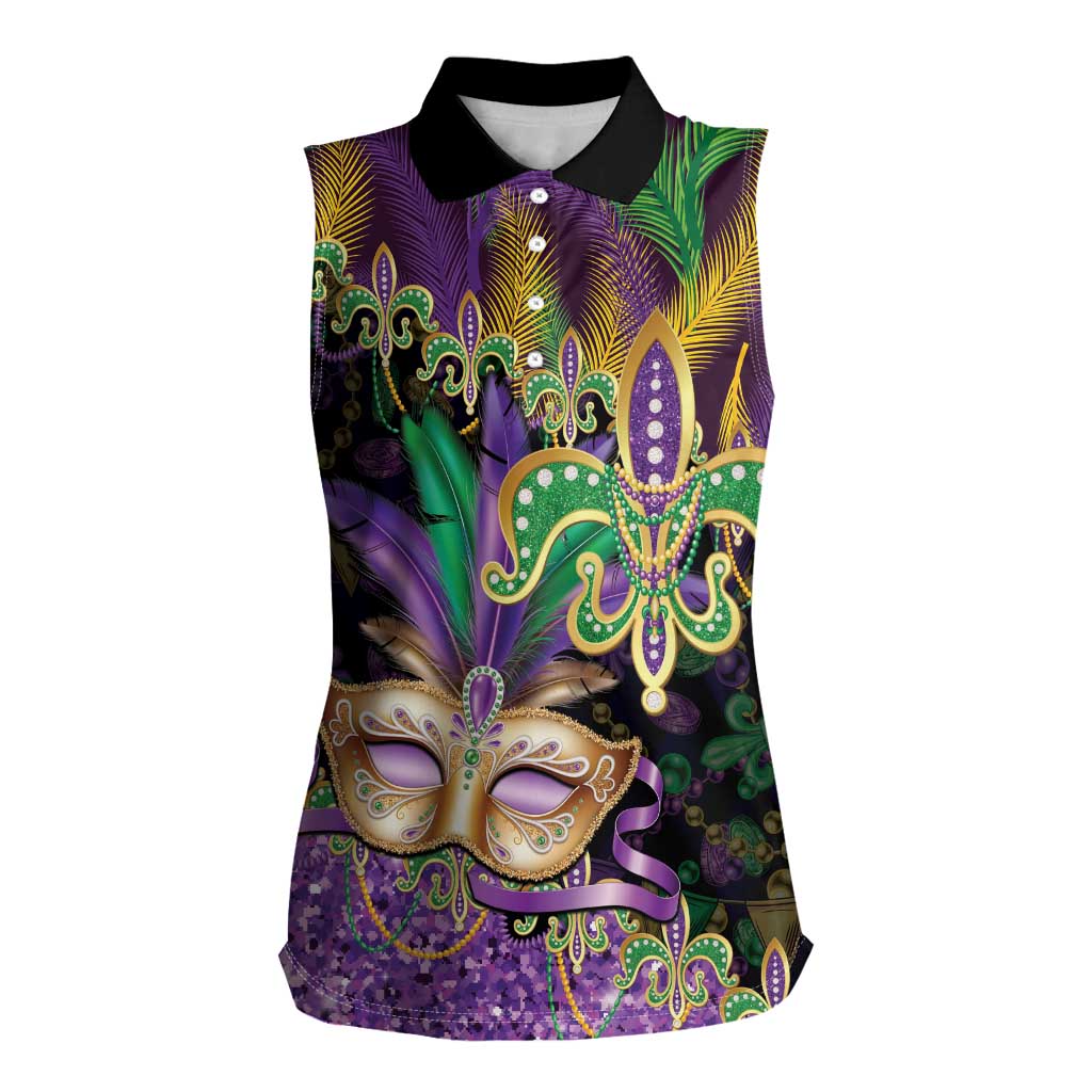 Fleur De Lis Mardi Gras Mask Women Sleeveless Polo Shirt 504 NOLA Carnival Feathers Glitter Effect