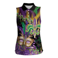 Fleur De Lis Mardi Gras Mask Women Sleeveless Polo Shirt 504 NOLA Carnival Feathers Glitter Effect