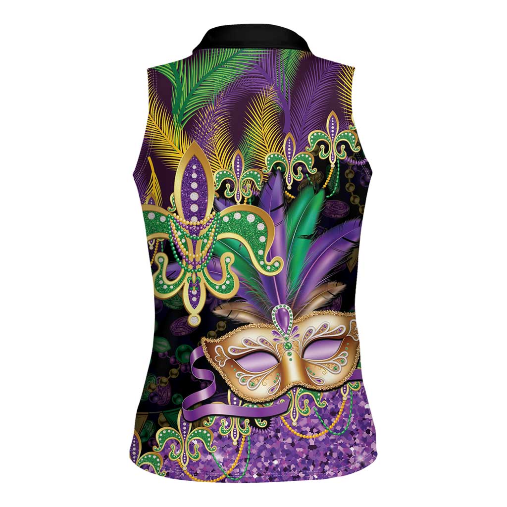 Fleur De Lis Mardi Gras Mask Women Sleeveless Polo Shirt 504 NOLA Carnival Feathers Glitter Effect