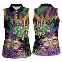 Fleur De Lis Mardi Gras Mask Women Sleeveless Polo Shirt 504 NOLA Carnival Feathers Glitter Effect