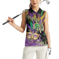 Fleur De Lis Mardi Gras Mask Women Sleeveless Polo Shirt 504 NOLA Carnival Feathers Glitter Effect