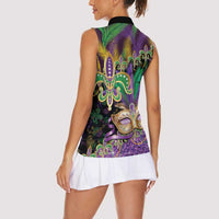 Fleur De Lis Mardi Gras Mask Women Sleeveless Polo Shirt 504 NOLA Carnival Feathers Glitter Effect