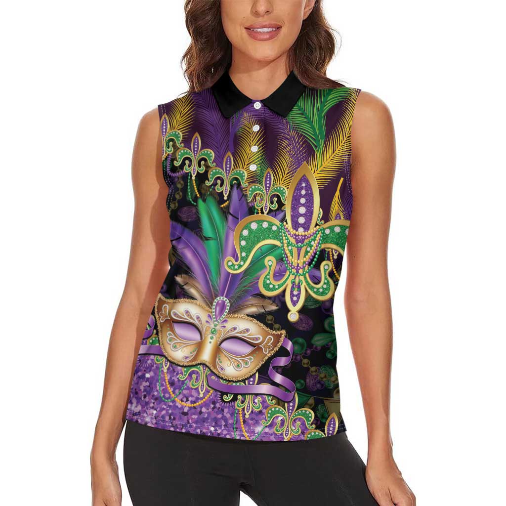 Fleur De Lis Mardi Gras Mask Women Sleeveless Polo Shirt 504 NOLA Carnival Feathers Glitter Effect