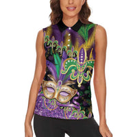 Fleur De Lis Mardi Gras Mask Women Sleeveless Polo Shirt 504 NOLA Carnival Feathers Glitter Effect