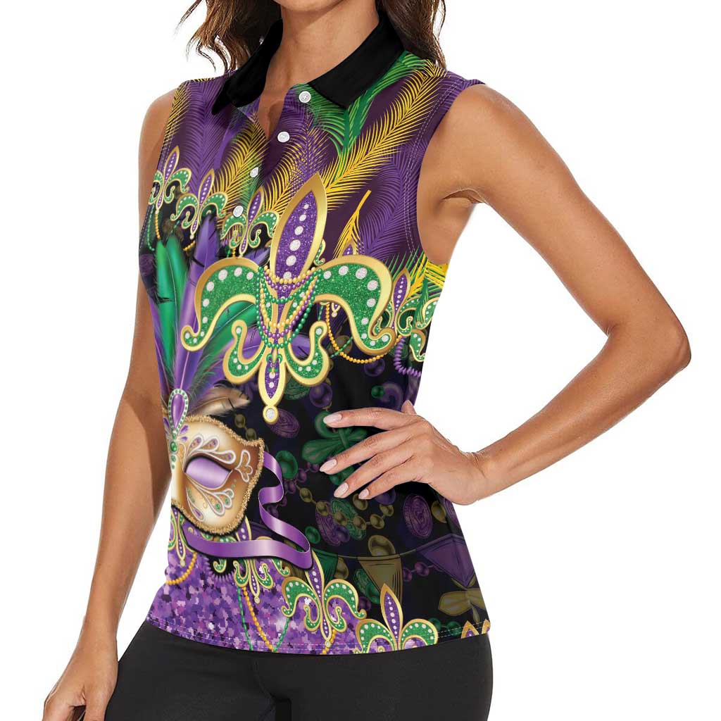 Fleur De Lis Mardi Gras Mask Women Sleeveless Polo Shirt 504 NOLA Carnival Feathers Glitter Effect