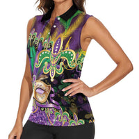 Fleur De Lis Mardi Gras Mask Women Sleeveless Polo Shirt 504 NOLA Carnival Feathers Glitter Effect