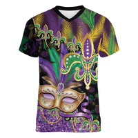 Fleur De Lis Mardi Gras Mask Women V-Neck T-Shirt 504 NOLA Carnival Feathers Glitter Effect