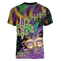 Fleur De Lis Mardi Gras Mask Women V-Neck T-Shirt 504 NOLA Carnival Feathers Glitter Effect