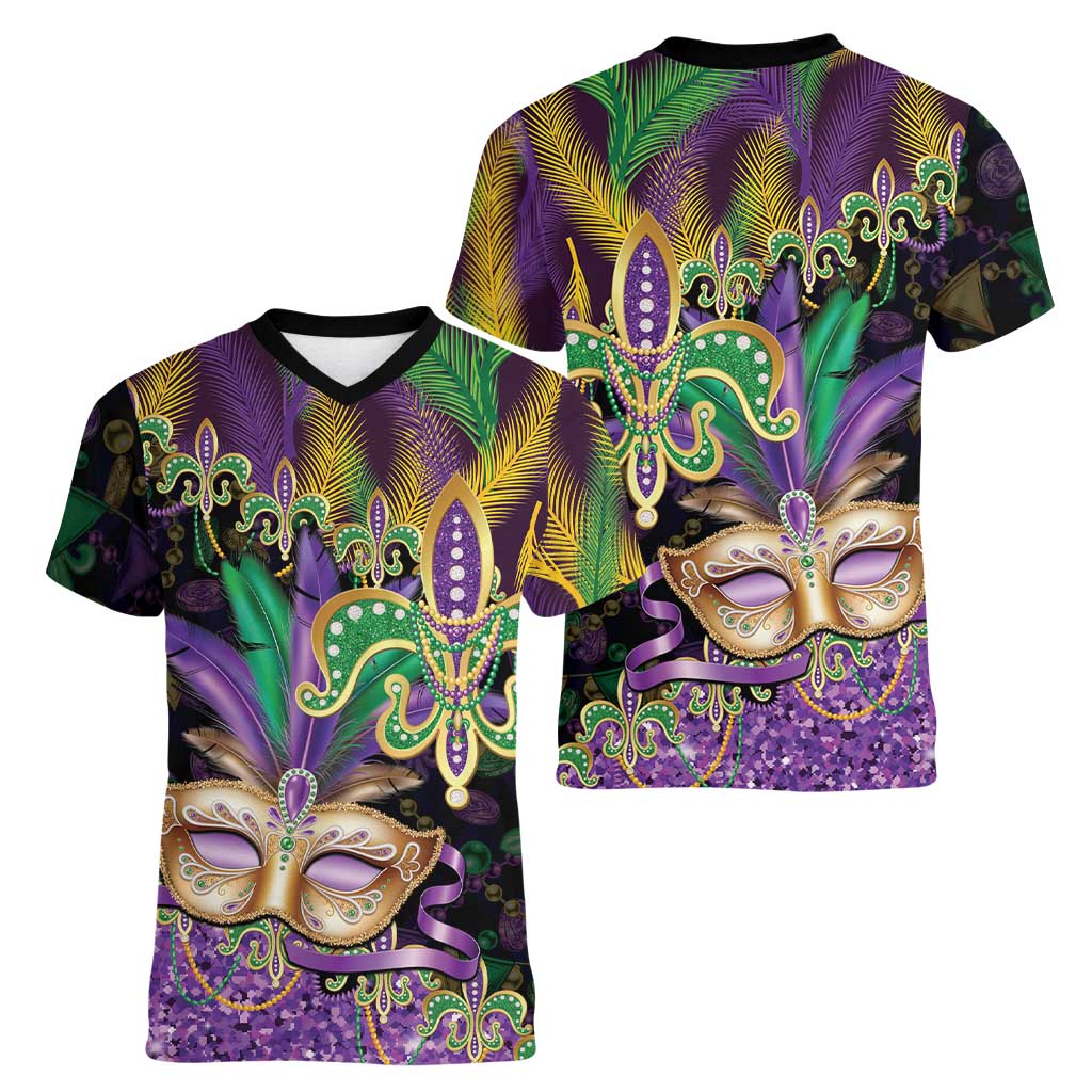Fleur De Lis Mardi Gras Mask Women V-Neck T-Shirt 504 NOLA Carnival Feathers Glitter Effect