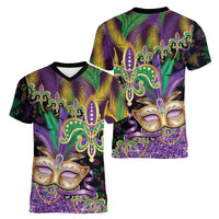 Fleur De Lis Mardi Gras Mask Women V-Neck T-Shirt 504 NOLA Carnival Feathers Glitter Effect