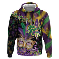 Fleur De Lis Mardi Gras Mask Zip Hoodie 504 NOLA Carnival Feathers Glitter Effect