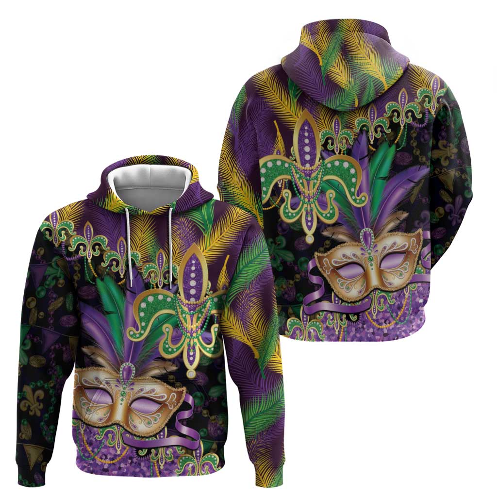 Fleur De Lis Mardi Gras Mask Zip Hoodie 504 NOLA Carnival Feathers Glitter Effect