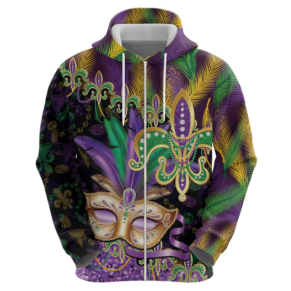 Fleur De Lis Mardi Gras Mask Zip Hoodie 504 NOLA Carnival Feathers Glitter Effect