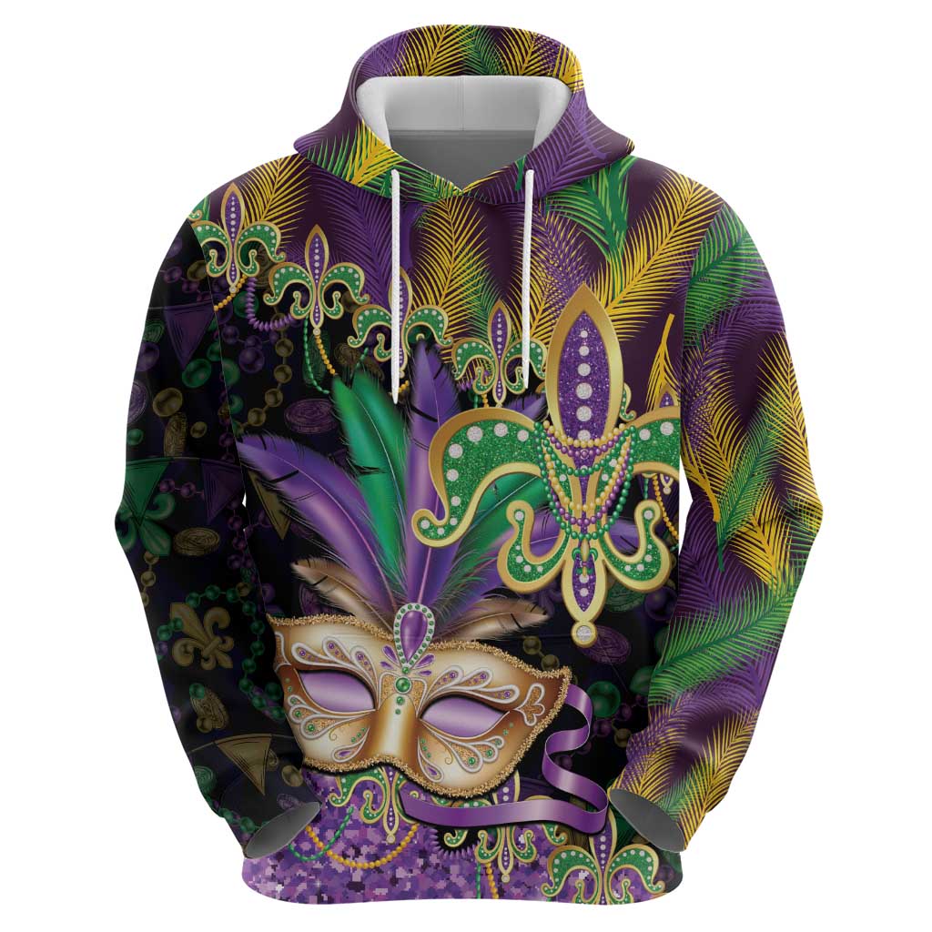 Fleur De Lis Mardi Gras Mask Zip Hoodie 504 NOLA Carnival Feathers Glitter Effect