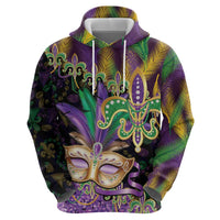 Fleur De Lis Mardi Gras Mask Zip Hoodie 504 NOLA Carnival Feathers Glitter Effect