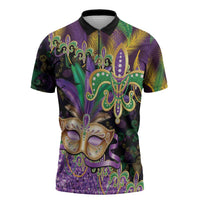 Fleur De Lis Mardi Gras Mask Zipper Polo Shirt 504 NOLA Carnival Feathers Glitter Effect