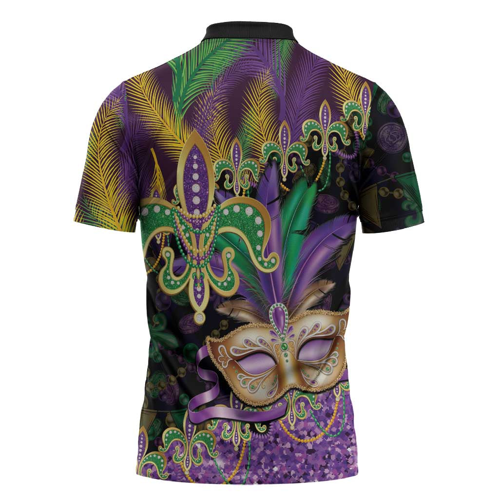 Fleur De Lis Mardi Gras Mask Zipper Polo Shirt 504 NOLA Carnival Feathers Glitter Effect