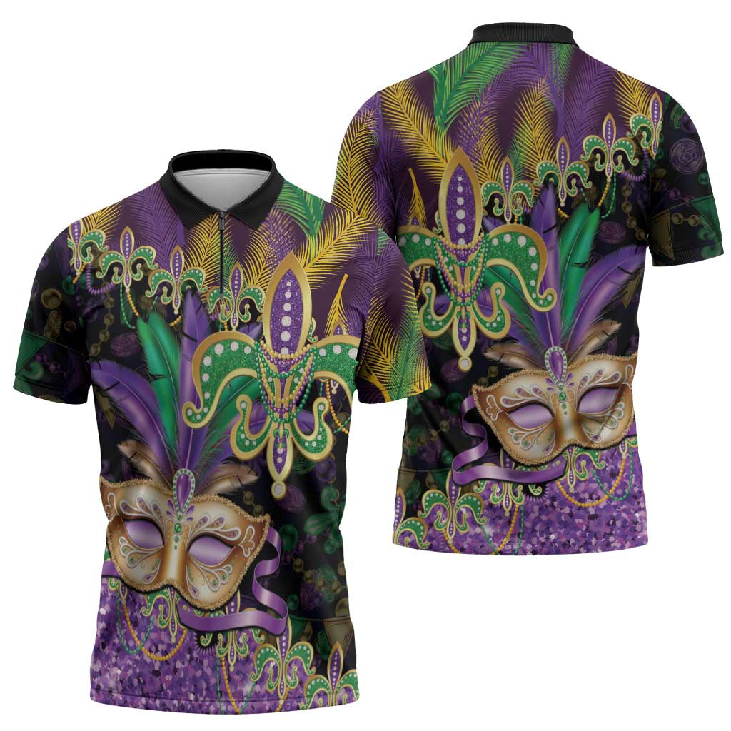 Fleur De Lis Mardi Gras Mask Zipper Polo Shirt 504 NOLA Carnival Feathers Glitter Effect