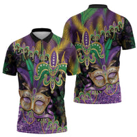 Fleur De Lis Mardi Gras Mask Zipper Polo Shirt 504 NOLA Carnival Feathers Glitter Effect