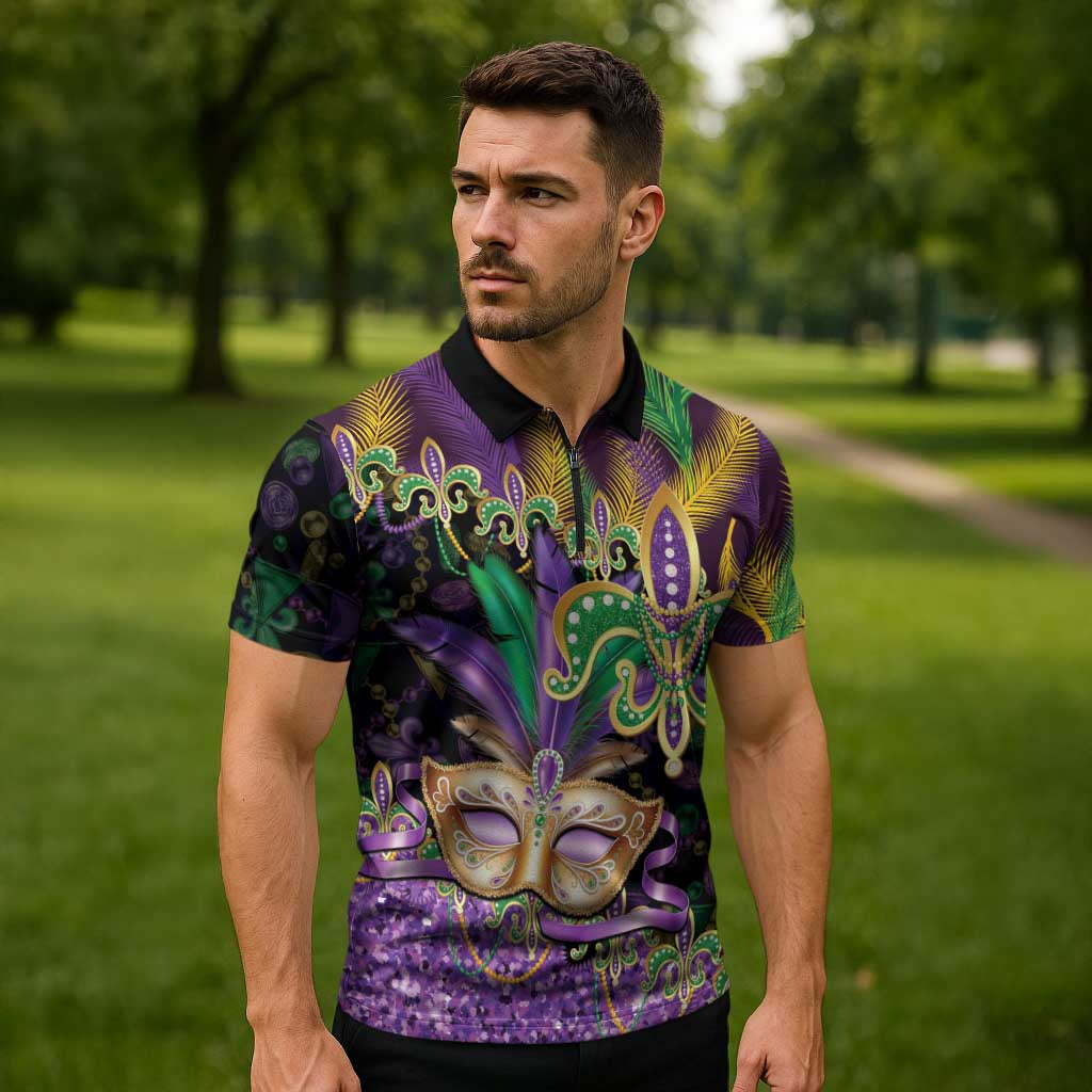 Fleur De Lis Mardi Gras Mask Zipper Polo Shirt 504 NOLA Carnival Feathers Glitter Effect