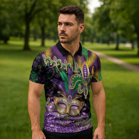 Fleur De Lis Mardi Gras Mask Zipper Polo Shirt 504 NOLA Carnival Feathers Glitter Effect