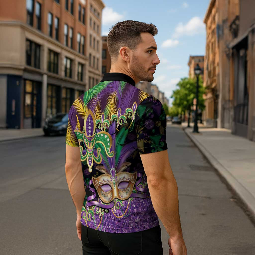 Fleur De Lis Mardi Gras Mask Zipper Polo Shirt 504 NOLA Carnival Feathers Glitter Effect