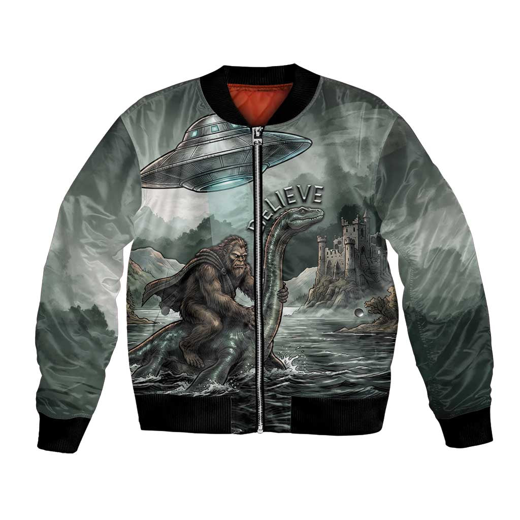 Bigfoot Loch Ness Monster UFO Believe Personalized Bomber Jacket World Cryptids Gothic Style