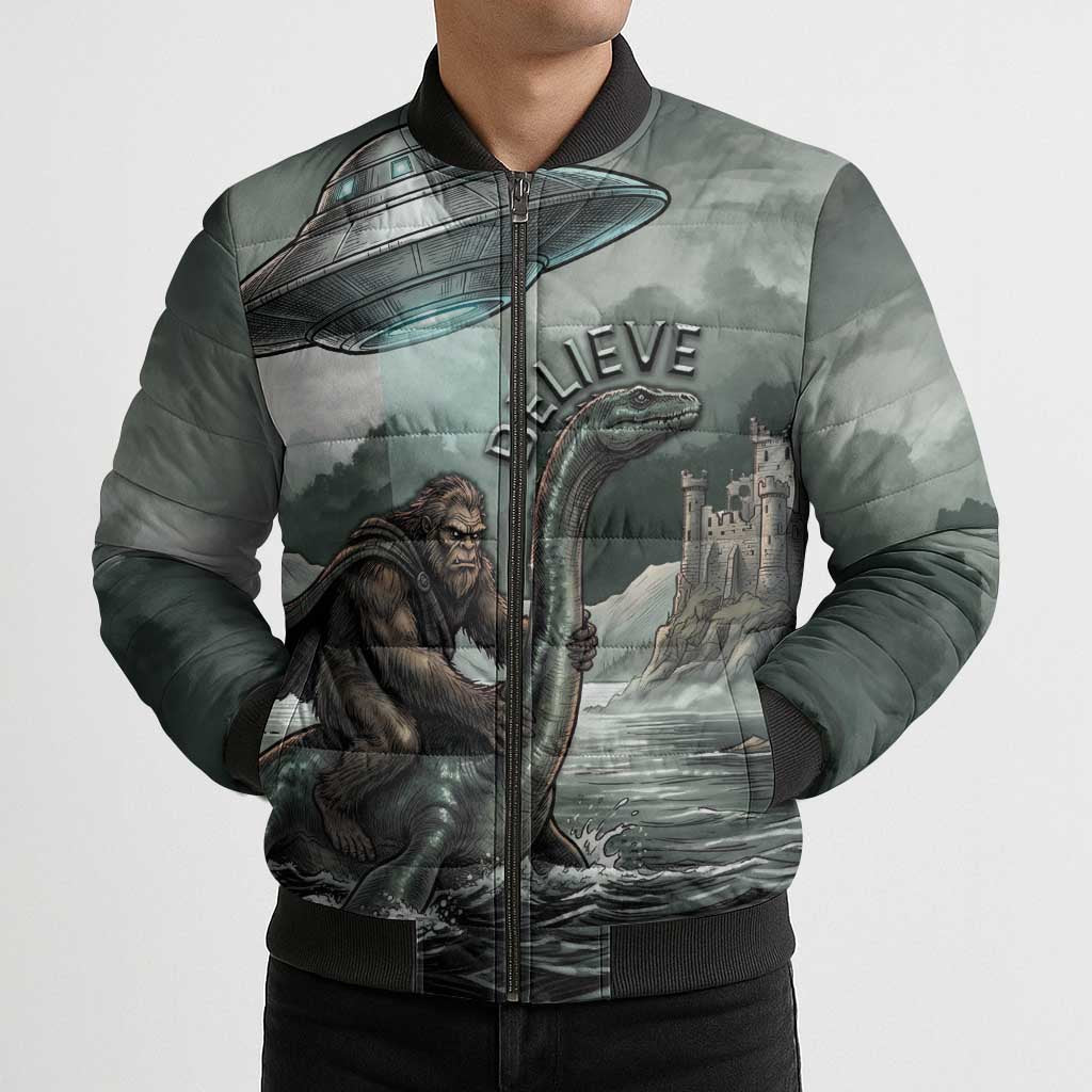 Bigfoot Loch Ness Monster UFO Believe Personalized Bomber Puffer Jacket World Cryptids Gothic Style