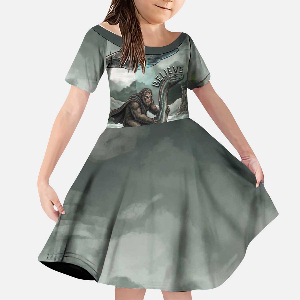 Bigfoot Loch Ness Monster UFO Believe Personalized Kid Short Sleeve Dress World Cryptids Gothic Style