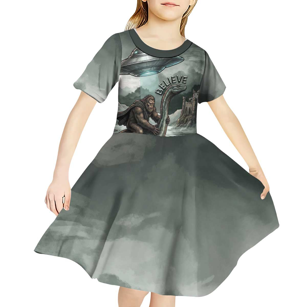 Bigfoot Loch Ness Monster UFO Believe Personalized Kid Short Sleeve Dress World Cryptids Gothic Style