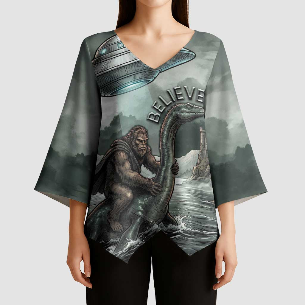 Bigfoot Loch Ness Monster UFO Believe Personalized Kimono Sleeve Blouse World Cryptids Gothic Style