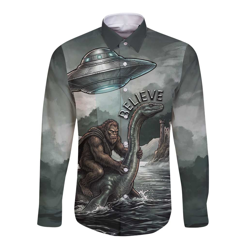 Bigfoot Loch Ness Monster UFO Believe Personalized Long Sleeve Button Shirt World Cryptids Gothic Style