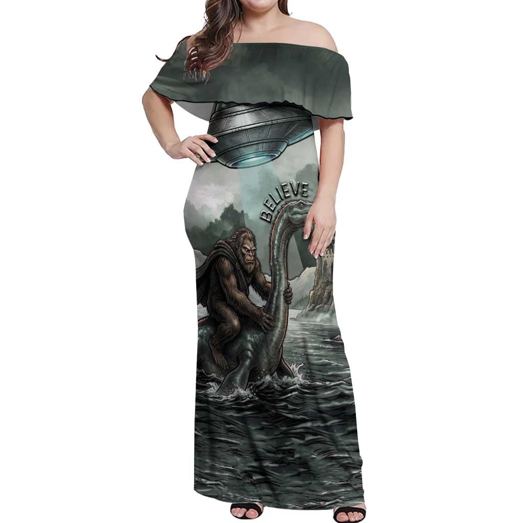 Bigfoot Loch Ness Monster UFO Believe Personalized Off Shoulder Maxi Dress World Cryptids Gothic Style