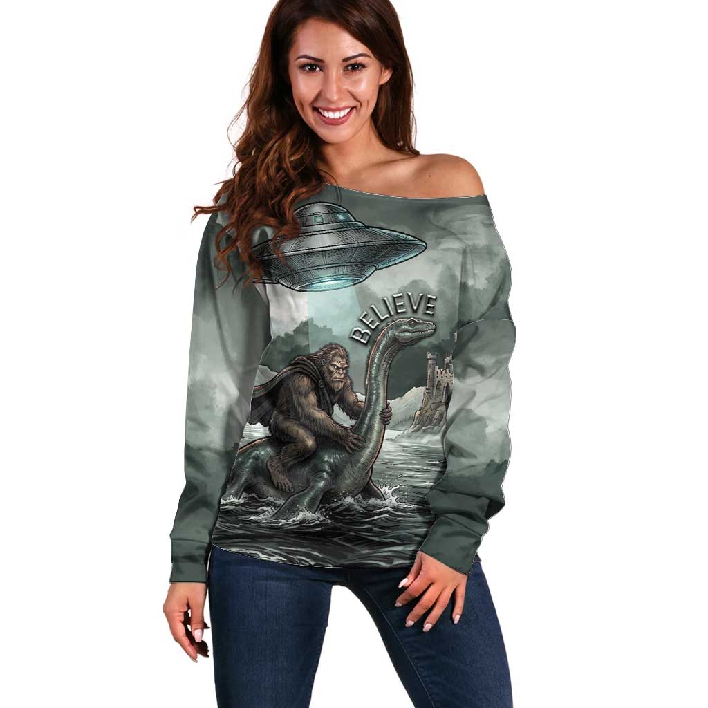 Bigfoot Loch Ness Monster UFO Believe Personalized Off Shoulder Sweater World Cryptids Gothic Style