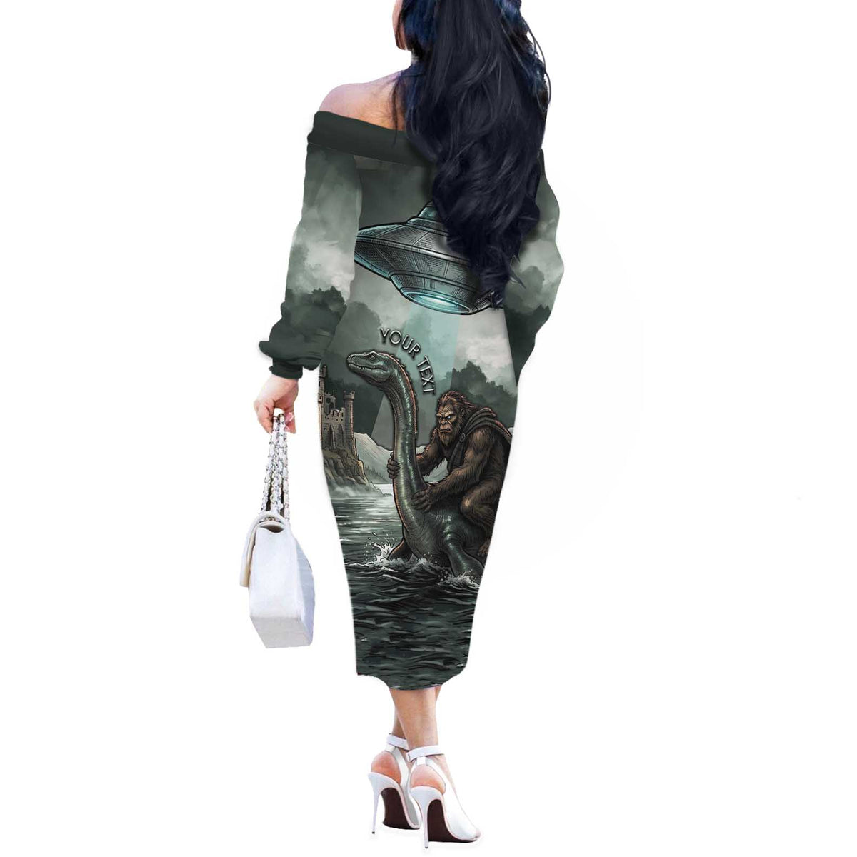Bigfoot Loch Ness Monster UFO Believe Personalized Off The Shoulder Long Sleeve Dress World Cryptids Gothic Style