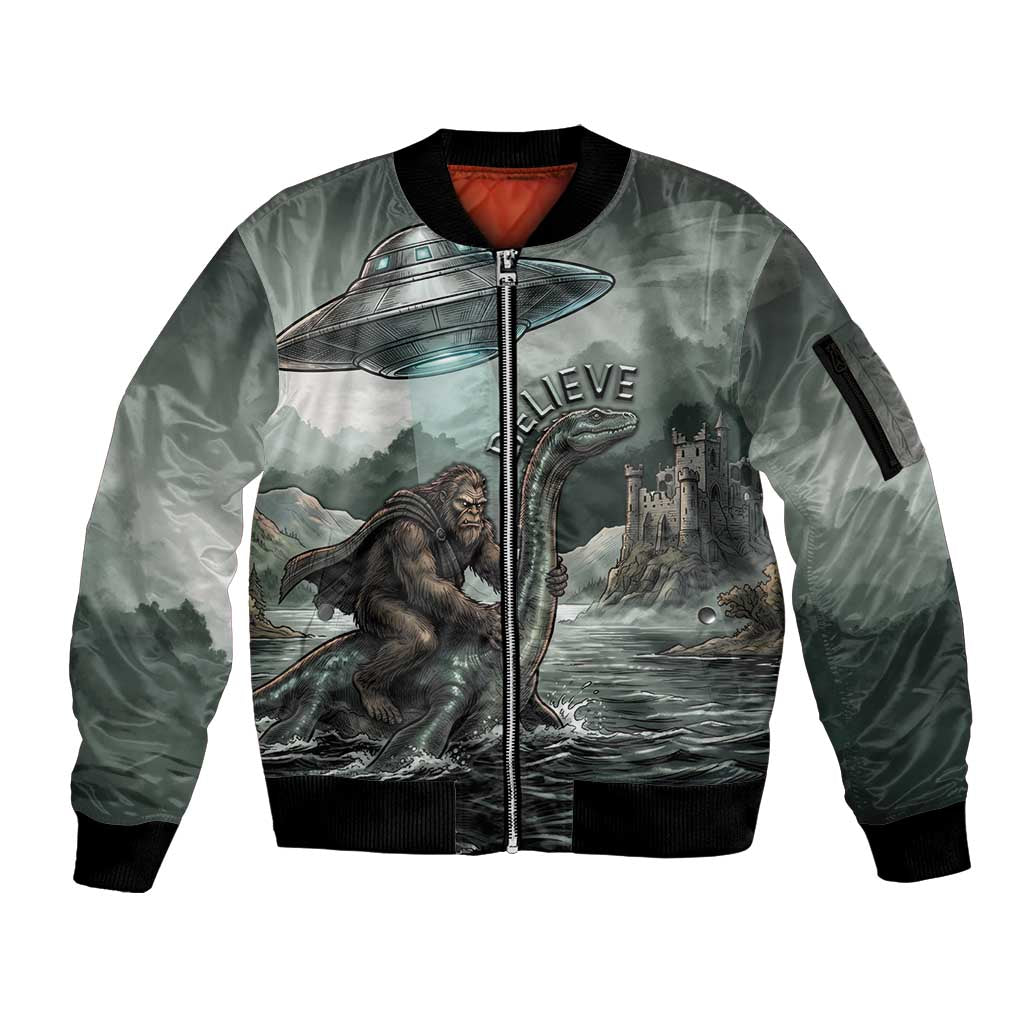 Bigfoot Loch Ness Monster UFO Believe Personalized Sleeve Zip Bomber Jacket World Cryptids Gothic Style