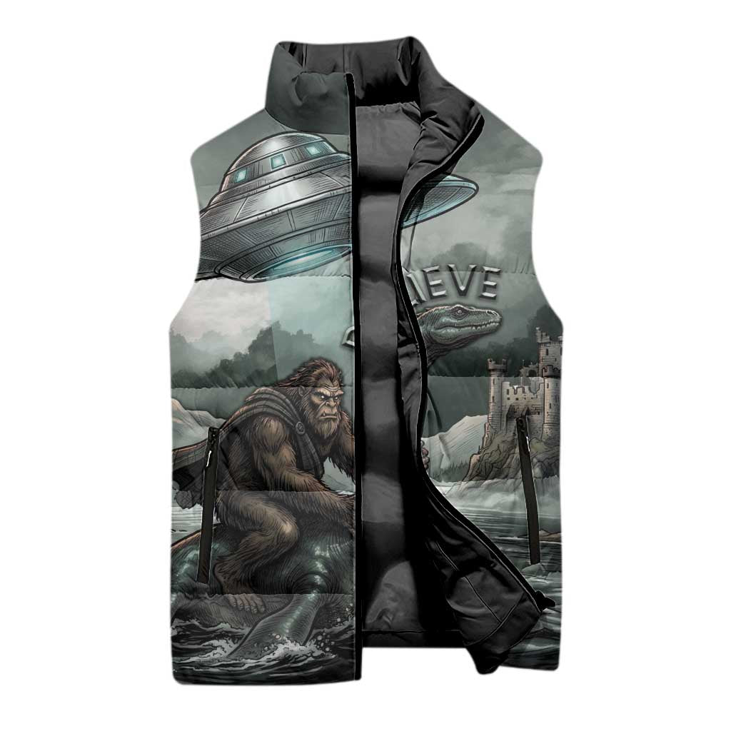 Bigfoot Loch Ness Monster UFO Believe Personalized Sleeveless Puffer Jacket World Cryptids Gothic Style