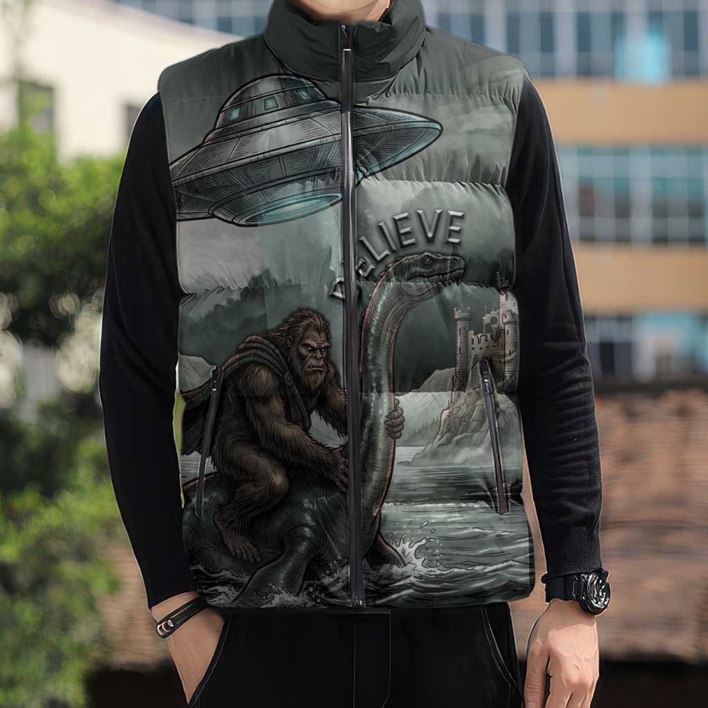 Bigfoot Loch Ness Monster UFO Believe Personalized Sleeveless Puffer Jacket World Cryptids Gothic Style