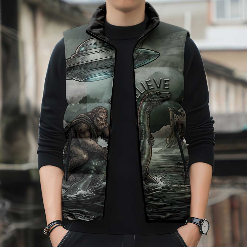 Bigfoot Loch Ness Monster UFO Believe Personalized Sleeveless Puffer Jacket World Cryptids Gothic Style