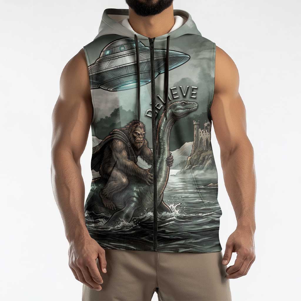 Bigfoot Loch Ness Monster UFO Believe Personalized Sleeveless Zip Hoodie World Cryptids Gothic Style