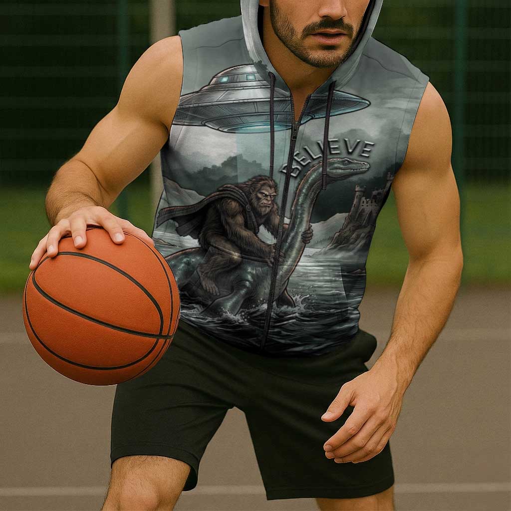 Bigfoot Loch Ness Monster UFO Believe Personalized Sleeveless Zip Hoodie World Cryptids Gothic Style