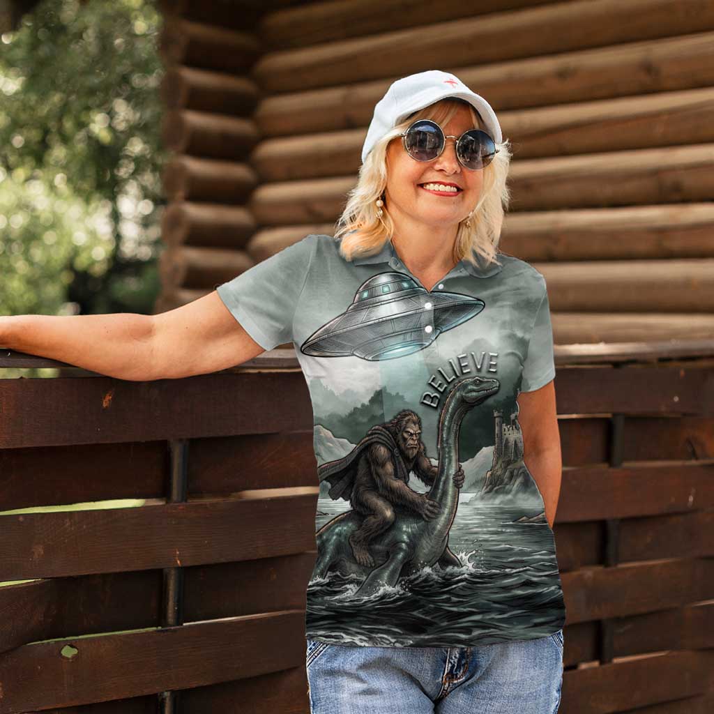 Bigfoot Loch Ness Monster UFO Believe Personalized Women Polo Shirt World Cryptids Gothic Style