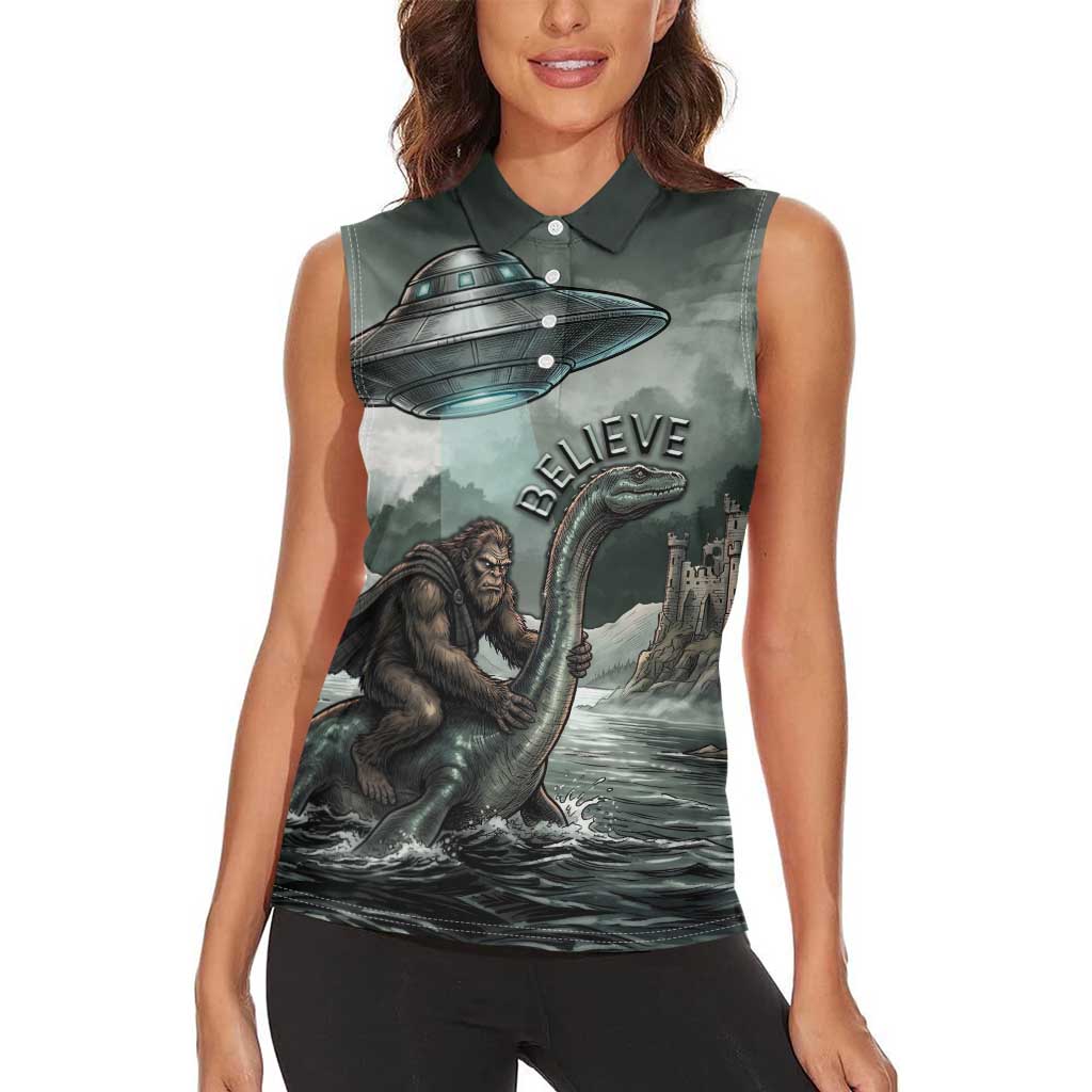 Bigfoot Loch Ness Monster UFO Believe Personalized Women Sleeveless Polo Shirt World Cryptids Gothic Style