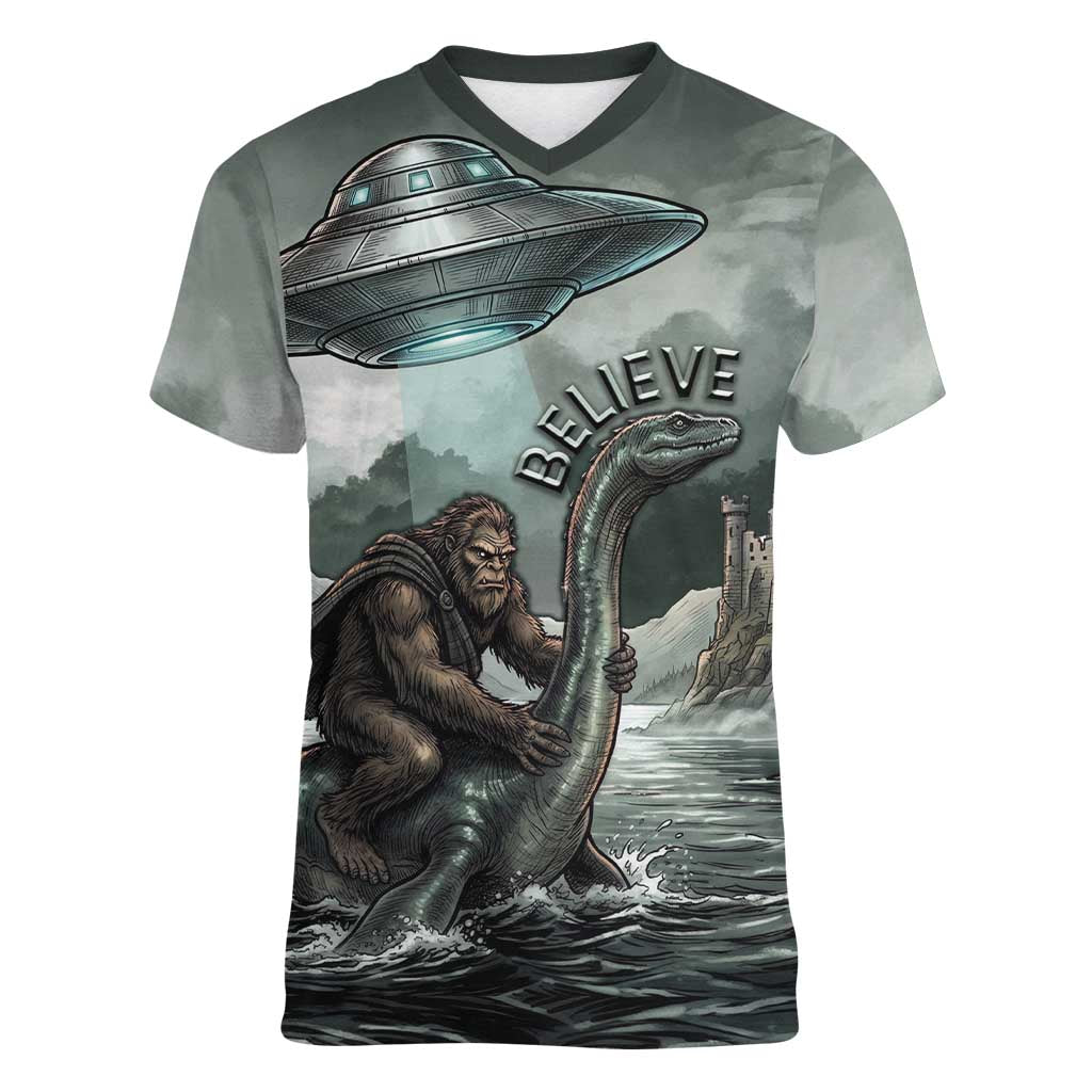 Bigfoot Loch Ness Monster UFO Believe Personalized Women V-Neck T-Shirt World Cryptids Gothic Style