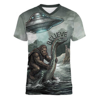 Bigfoot Loch Ness Monster UFO Believe Personalized Women V-Neck T-Shirt World Cryptids Gothic Style