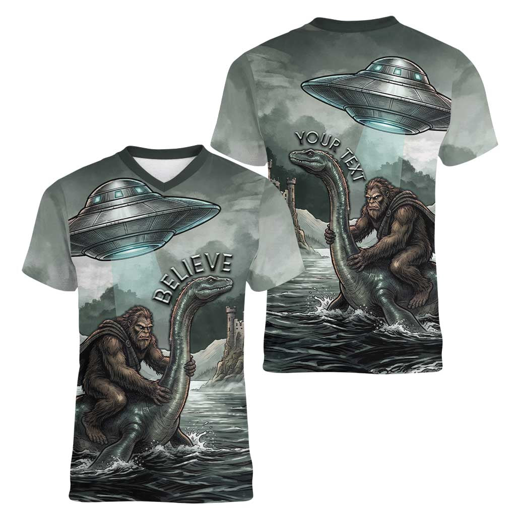 Bigfoot Loch Ness Monster UFO Believe Personalized Women V-Neck T-Shirt World Cryptids Gothic Style
